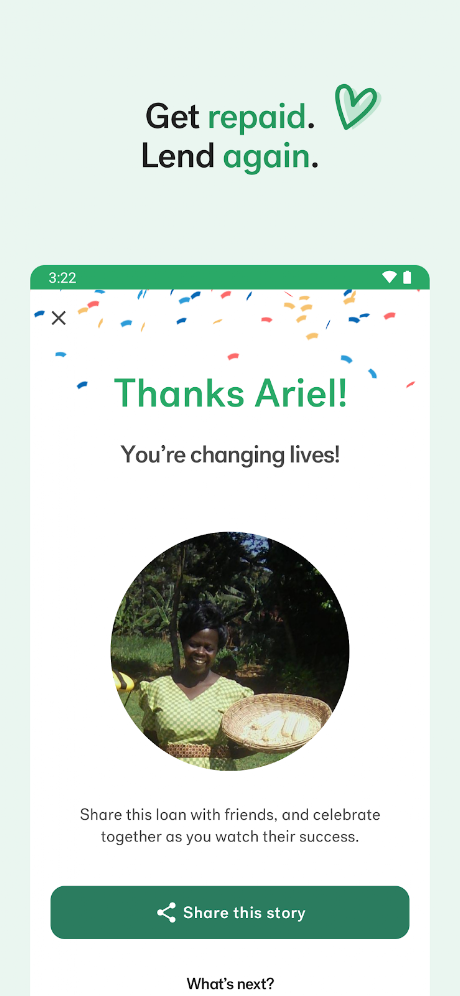 Kiva app — repayment celebration